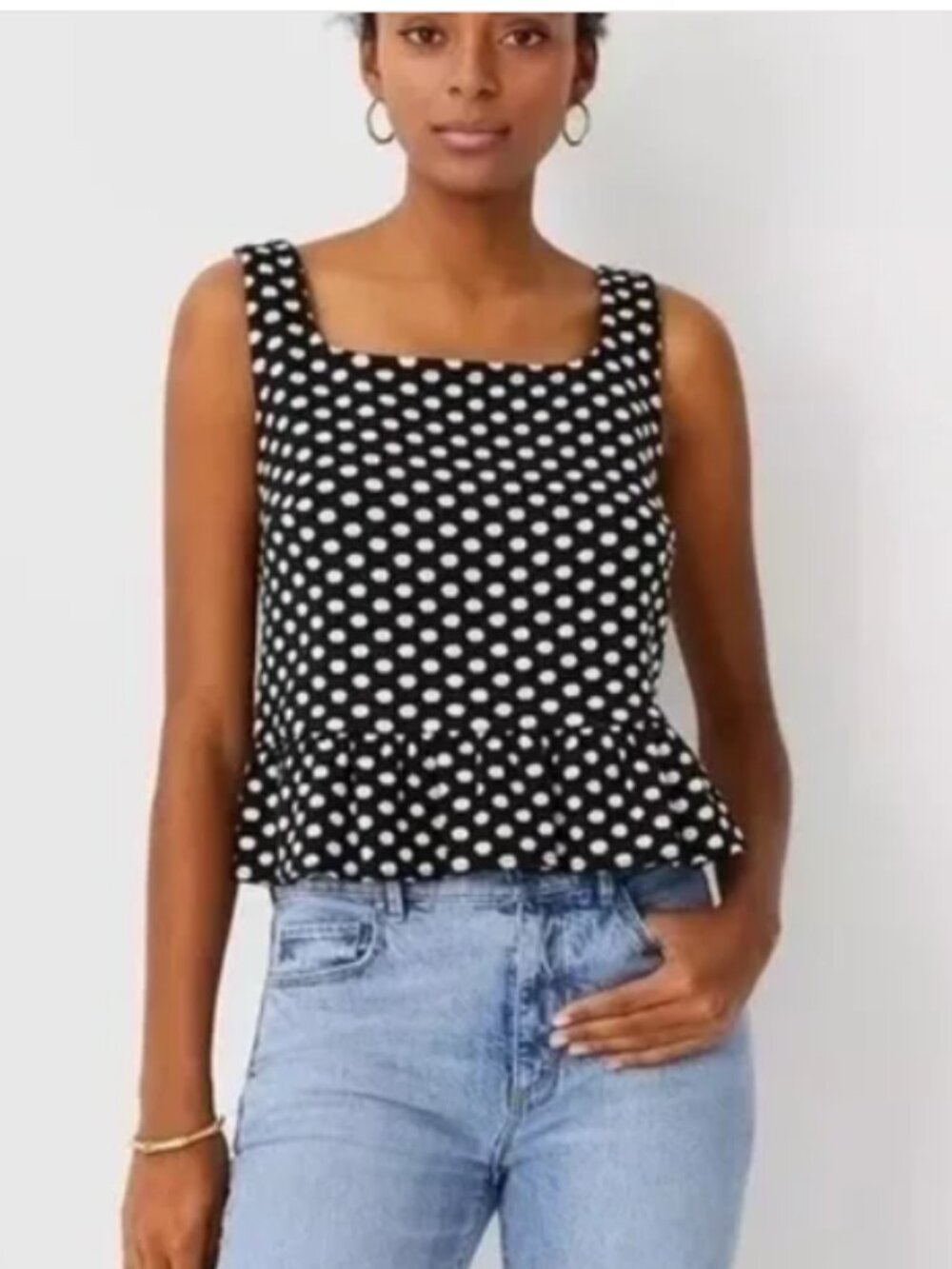 Ann Taylor Polka Dot Peplum Top Women M Black White Square Neck Blouse